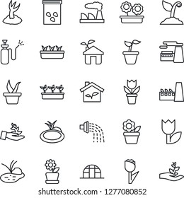 Thin Line Icon Set - factory vector, flower in pot, seedling, watering, sproute, greenhouse, seeds, pond, garden sprayer, tulip, eco house, palm
