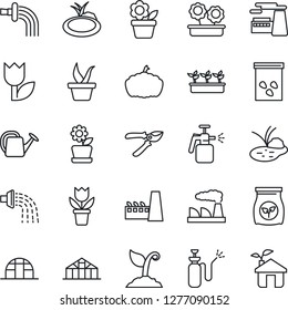 Thin Line Icon Set - factory vector, flower in pot, seedling, watering can, sproute, pruner, pumpkin, greenhouse, seeds, pond, garden sprayer, fertilizer, tulip, eco house