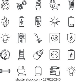 Thin Line Icon Set - factory vector, ladder, fire, ripper, barbell, remote control, low battery, rca, protect, charge, sun panel, socket, power plug, bulb, energy saving, alarm led, idea
