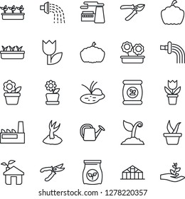 Thin Line Icon Set - factory vector, flower in pot, seedling, watering can, sproute, pruner, pumpkin, greenhouse, pond, fertilizer, tulip, eco house, palm