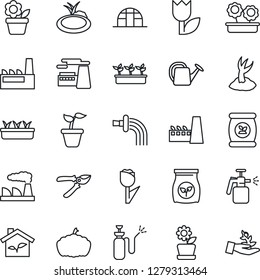 Thin Line Icon Set - factory vector, flower in pot, seedling, watering can, sproute, pruner, pumpkin, greenhouse, pond, garden sprayer, fertilizer, tulip, eco house, palm