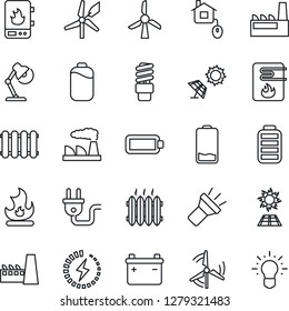Thin Line Icon Set - factory vector, fire, battery, low, torch, charge, desk lamp, windmill, heater, home control, power plug, water, radiator, energy saving bulb, sun panel, idea