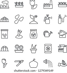 Thin Line Icon Set - factory vector, seedling, watering can, sproute, pruner, pumpkin, greenhouse, seeds, garden sprayer, fertilizer, tulip, flower in pot, eco house, palm
