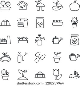 Thin Line Icon Set - factory vector, flower in pot, seedling, watering can, sproute, pumpkin, greenhouse, seeds, pond, garden sprayer, fertilizer, tulip, eco house, palm