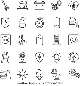Thin Line Icon Set - factory vector, ripper, ladder, fire, low battery, protect, charge, sun panel, windmill, home control, socket, power plug, remote, bulb, alarm led, gear