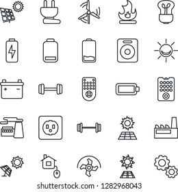 Thin Line Icon Set - factory vector, ripper, fire, barbell, remote control, speaker, low battery, charge, sun panel, windmill, home, socket, power plug, bulb, alarm led, gear