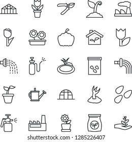 Thin Line Icon Set - factory vector, flower in pot, seedling, watering can, sproute, pruner, pumpkin, greenhouse, seeds, pond, garden sprayer, fertilizer, tulip, eco house, palm