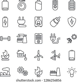 Thin Line Icon Set - factory vector, fire, barbell, speaker, battery, low, rca, protect, charge, windmill, home control, power plug, remote, sun panel, alarm led, gear, idea