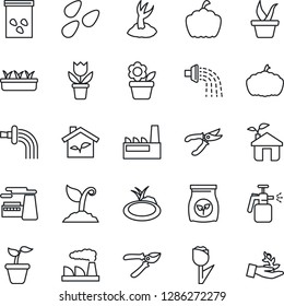 Thin Line Icon Set - factory vector, flower in pot, seedling, watering, sproute, pruner, pumpkin, seeds, pond, garden sprayer, fertilizer, tulip, eco house, palm