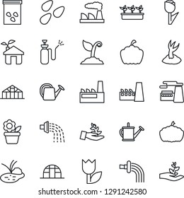 Thin Line Icon Set - factory vector, flower in pot, watering can, sproute, seedling, pumpkin, greenhouse, seeds, pond, garden sprayer, tulip, eco house, palm