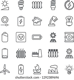 Thin Line Icon Set - factory vector, fire, oil barrel, low battery, brightness, charge, desk lamp, sun panel, windmill, heater, eco house, socket, radiator, bulb, energy saving, idea