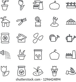 Thin Line Icon Set - factory vector, flower in pot, seedling, watering can, sproute, pruner, pumpkin, greenhouse, seeds, pond, fertilizer, tulip, eco house, palm