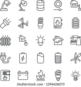 Thin Line Icon Set - factory vector, fire, oil barrel, battery, torch, brightness, desk lamp, windmill, heater, home control, eco house, power plug, water, bulb, energy saving, idea