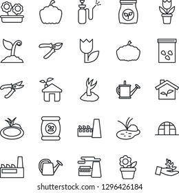 Thin Line Icon Set - factory vector, flower in pot, watering can, sproute, pruner, pumpkin, greenhouse, seeds, pond, garden sprayer, fertilizer, tulip, eco house, palm