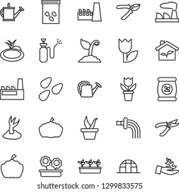 Thin Line Icon Set - factory vector, flower in pot, seedling, watering can, sproute, pruner, pumpkin, greenhouse, seeds, pond, garden sprayer, fertilizer, tulip, eco house, palm