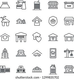 Thin Line Icon Set - factory vector, greenhouse, hospital, store, warehouse storage, office building, house with tree, garage, sold signboard, sweet home, city, crane, estate insurance, cafe, eco