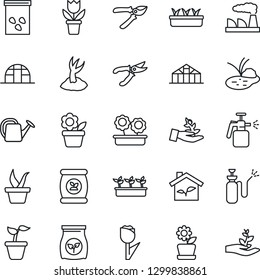Thin Line Icon Set - factory vector, flower in pot, seedling, watering can, sproute, pruner, greenhouse, seeds, pond, garden sprayer, fertilizer, tulip, eco house, palm