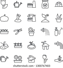 Thin Line Icon Set - factory vector, flower in pot, seedling, watering can, sproute, pruner, pumpkin, greenhouse, pond, garden sprayer, fertilizer, tulip, eco house, palm