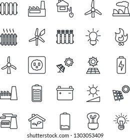 Thin Line Icon Set - factory vector, fire, battery, low, brightness, charge, sun panel, windmill, heater, home control, eco house, socket, radiator, bulb, idea