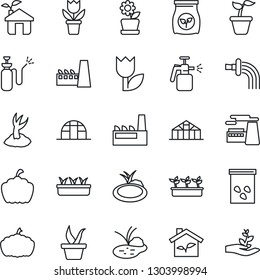 Thin Line Icon Set - factory vector, flower in pot, seedling, watering, sproute, pumpkin, greenhouse, seeds, pond, garden sprayer, fertilizer, tulip, eco house, palm