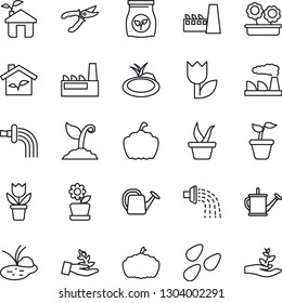 Thin Line Icon Set - factory vector, flower in pot, seedling, watering can, sproute, pruner, pumpkin, seeds, pond, fertilizer, tulip, eco house, palm