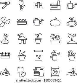 Thin Line Icon Set - factory vector, flower in pot, seedling, watering can, sproute, pruner, pumpkin, greenhouse, seeds, pond, garden sprayer, fertilizer, tulip, eco house, palm