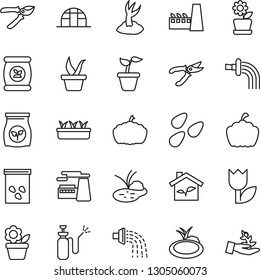 Thin Line Icon Set - factory vector, flower in pot, seedling, watering, sproute, pruner, pumpkin, greenhouse, seeds, pond, garden sprayer, fertilizer, tulip, eco house, palm