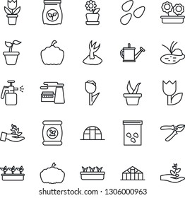 Thin Line Icon Set - factory vector, flower in pot, seedling, watering can, sproute, pruner, pumpkin, greenhouse, seeds, pond, garden sprayer, fertilizer, tulip, palm