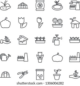 Thin Line Icon Set - factory vector, flower in pot, seedling, watering can, pruner, pumpkin, greenhouse, seeds, pond, garden sprayer, fertilizer, tulip, eco house, palm sproute