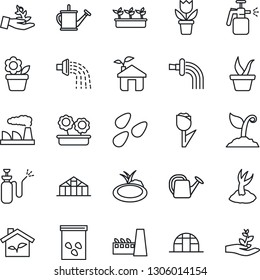 Thin Line Icon Set - factory vector, flower in pot, seedling, watering can, sproute, greenhouse, seeds, pond, garden sprayer, tulip, eco house, palm
