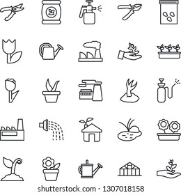 Thin Line Icon Set - factory vector, flower in pot, seedling, watering can, sproute, pruner, greenhouse, seeds, pond, garden sprayer, fertilizer, tulip, eco house, palm