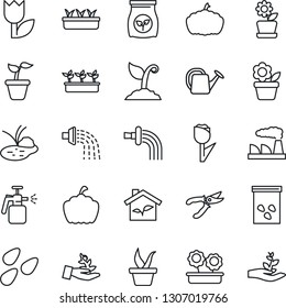 Thin Line Icon Set - factory vector, flower in pot, seedling, watering can, sproute, pruner, pumpkin, seeds, pond, garden sprayer, fertilizer, tulip, eco house, palm
