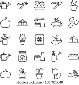 Thin Line Icon Set - factory vector, flower in pot, seedling, watering can, pruner, pumpkin, greenhouse, seeds, pond, garden sprayer, fertilizer, tulip, palm sproute