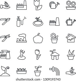Thin Line Icon Set - factory vector, flower in pot, seedling, watering can, sproute, pruner, pumpkin, pond, garden sprayer, tulip, eco house, palm