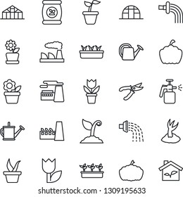 Thin Line Icon Set - factory vector, flower in pot, seedling, watering can, sproute, pruner, pumpkin, greenhouse, garden sprayer, fertilizer, tulip, eco house