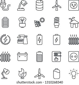 Thin Line Icon Set - factory vector, fire, oil barrel, battery, charge, desk lamp, sun panel, windmill, heater, eco house, socket, power plug, water, bulb, energy saving, idea