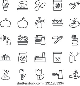 Thin Line Icon Set - factory vector, flower in pot, watering, sproute, pruner, seedling, pumpkin, greenhouse, seeds, pond, garden sprayer, fertilizer, tulip, palm