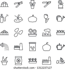 Thin Line Icon Set - factory vector, flower in pot, seedling, watering can, pruner, pumpkin, greenhouse, seeds, pond, garden sprayer, fertilizer, tulip, palm sproute