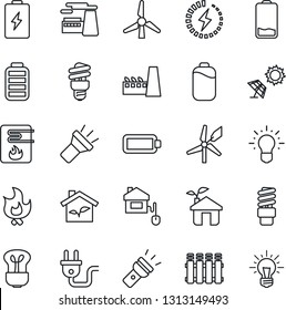 Thin Line Icon Set - factory vector, fire, battery, low, torch, charge, windmill, home control, eco house, power plug, water heater, radiator, bulb, energy saving, sun panel, idea