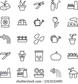 Thin Line Icon Set - factory vector, flower in pot, seedling, watering can, pruner, pumpkin, greenhouse, seeds, pond, garden sprayer, fertilizer, tulip, eco house