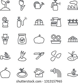 Thin Line Icon Set - factory vector, flower in pot, watering can, sproute, pruner, seedling, pumpkin, greenhouse, seeds, pond, garden sprayer, fertilizer, tulip, eco house, palm