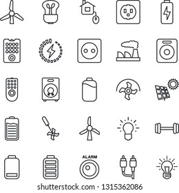 Thin Line Icon Set - factory vector, ripper, barbell, speaker, battery, low, rca, charge, sun panel, windmill, home control, socket, remote, bulb, alarm led, idea