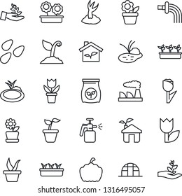 Thin Line Icon Set - factory vector, flower in pot, seedling, watering, sproute, pumpkin, greenhouse, seeds, pond, garden sprayer, fertilizer, tulip, eco house, palm