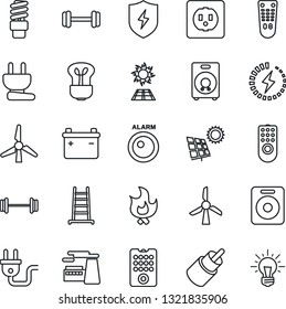 Thin Line Icon Set - factory vector, ladder, fire, barbell, remote control, speaker, rca, protect, charge, sun panel, windmill, socket, power plug, bulb, energy saving, battery, alarm led, idea