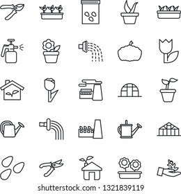 Thin Line Icon Set - factory vector, flower in pot, seedling, watering can, pruner, pumpkin, greenhouse, seeds, garden sprayer, tulip, eco house, palm sproute