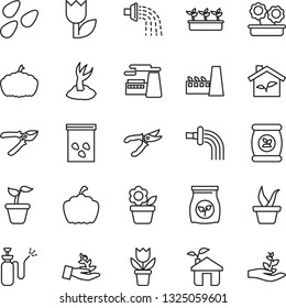 Thin Line Icon Set - factory vector, flower in pot, seedling, watering, sproute, pruner, pumpkin, seeds, garden sprayer, fertilizer, tulip, eco house, palm