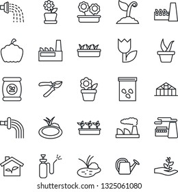 Thin Line Icon Set - factory vector, flower in pot, seedling, watering can, sproute, pruner, pumpkin, greenhouse, seeds, pond, garden sprayer, fertilizer, tulip, eco house, palm