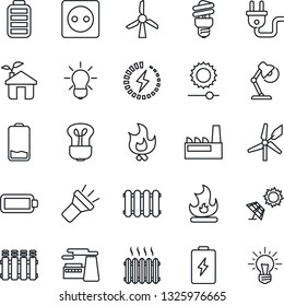Thin Line Icon Set - factory vector, fire, battery, low, torch, brightness, charge, desk lamp, heater, eco house, socket, power plug, radiator, bulb, energy saving, sun panel, windmill, idea