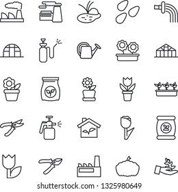 Thin Line Icon Set - factory vector, flower in pot, watering can, pruner, seedling, pumpkin, greenhouse, seeds, pond, garden sprayer, fertilizer, tulip, eco house, palm sproute