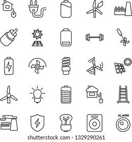 Thin Line Icon Set - factory vector, ripper, ladder, barbell, speaker, battery, low, rca, protect, charge, sun panel, windmill, home control, power plug, bulb, energy saving, alarm led